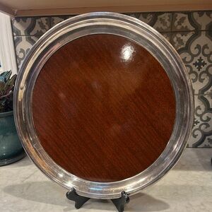 Mid Century Modern Silver Plate and Formica Serving Tray- Large-Round Good Cond